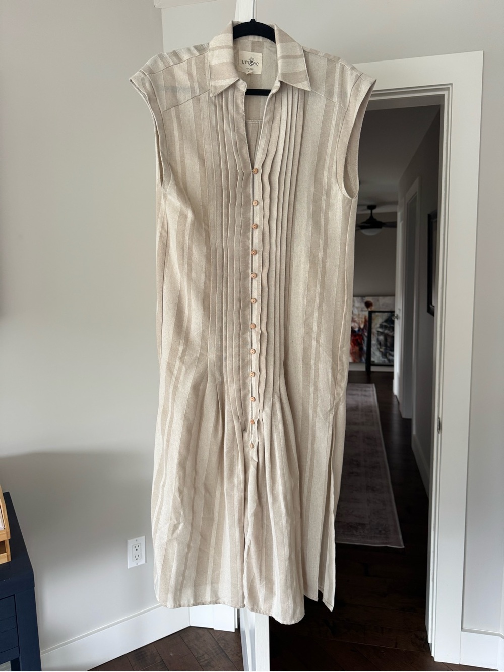 Umgee Beige Striped Button-Front Sleeveless Midi Dress